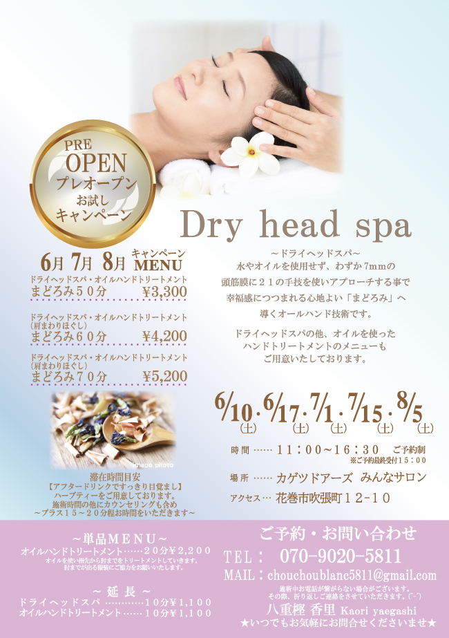 Dry head spa  　8/5(土)11:00～16:30（要予約）